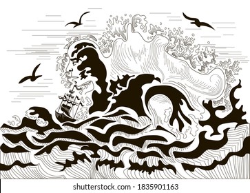 A storm is drawn, big waves, seagulls are flying, one wave is the image of an evil man who is trying to drown the ship. The drawing is done in black and white.