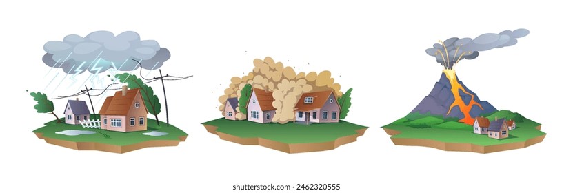 Storm, dust cloud and volcano eruption accidents 2D cartoon objects set. Dangerous natural disasters isolated vector scenes white background