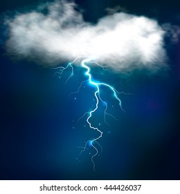 Storm effects background with bright thunderbolt from white illuminated cloud on night sky vector illustration 