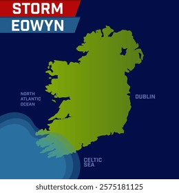 Storm Eowyn Ireland. High winds, disruption, map of movement. Forecast and track. Vector illustration. 