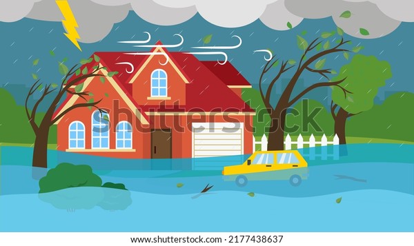 Storm and flooded house with
car