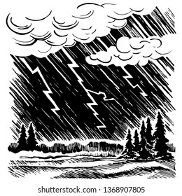 The storm in a forest glade. Vector sketch   engraving landscape.  Clouds and bright lightning. Thunderstorm. 
Scratch board style imitation. Black and white hand drawn image.