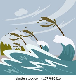 Storm hitting the beach. Tsunami and tidal wave hitting land. Series of Natural disaster.