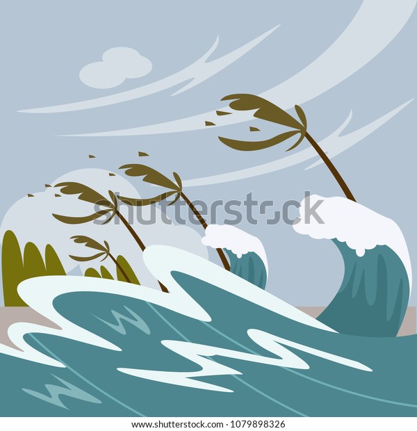 Storm Hitting Beach Tsunami Tidal Wave Stock Vector Royalty Free