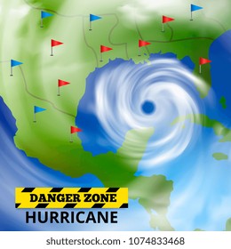 Mapa del tornado de tormenta composición realista con imagen de nube espiral de la pantalla del pronóstico del tiempo e ilustración del vector de texto