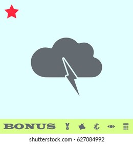 Storm icon flat. Grey pictogram on blue background. Vector illustration symbol and bonus buttons medal, cow, earth, eye, calculator