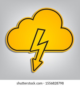 Storm icon. Flat orange icon with overlapping linear black icon with gray shadow at whitish background. Illustration.