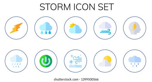 storm icon set. 10 flat storm icons.  Collection Of - lightning, rain, power, cloudy, snow storm, wind, brainstorm