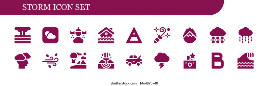 storm icon set. 18 filled storm icons.  Collection Of - Eruption, Weather, Rain, Disaster, Air, Blower, Forest fire, Hail, Storm, Wind, Sky, Damage, Flash, Bold, Tsunami
