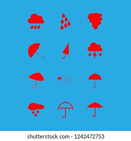 storm icon set about rain, umbrella and hurricane vector set