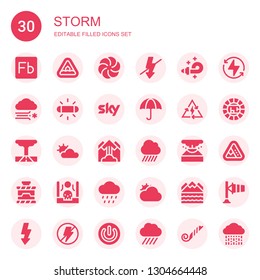 storm icon set. Collection of 30 filled storm icons included Flash, Flood, Vortex, Blower, Blizzard, Sky, Wet protect, Bolt, Tornado, Cloudy, Avalanche, Rain, Eruption, Power