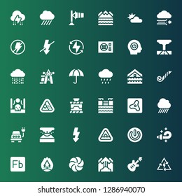 storm icon set. Collection of 36 filled storm icons included Bolt, Electric, Avalanche, Vortex, Forest fire, Flash, Blower, Power, Flood, Eruption, Rain, Air, Tsunami, Landslide