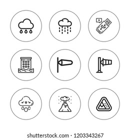 Storm icon set. collection of 9 outline storm icons with disaster, flash, eruption, landslide, rain, wind sign icons. editable icons.