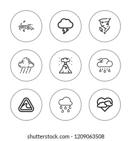 Storm icon set. collection of 9 outline storm icons with eruption, rain, raining, storm, wind, tsunami icons. editable icons.