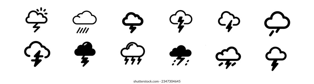 Storm Icon set, Lightning bolt icon. Vector lightning logo electric, set of thunder and lightning . Lightning bolt signs, weather web icons in line style. Weather, clouds, snowflakes, Weather icons.