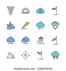 storm icon set. vector set about rainbow, rain, flood and wind sign icons set.