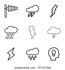 Storm icons. set of 9 editable outline storm icons such as thunder, wind cone, flash, rain