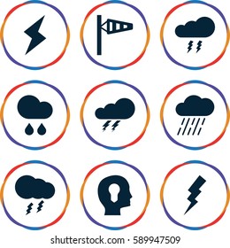 storm icons set. Set of 9 storm filled icons such as thunder, wind cone, flash, rain, thunderstorm