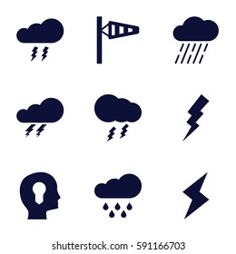 storm icons set. Set of 9 storm filled icons such as thunder, wind cone, flash, rain, thunderstorm