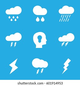 storm icons set. Set of 9 storm filled icons such as thunder, flash, rain, thunderstorm