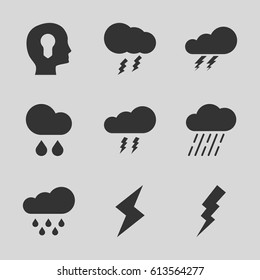 Storm icons set. set of 9 storm filled icons such as thunder, flash, rain, thunderstorm
