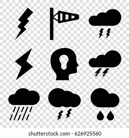 Storm icons set. set of 9 storm filled icons such as thunder, wind cone, flash, rain, thunderstorm