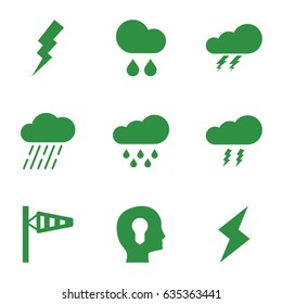 Storm icons set. set of 9 storm filled icons such as thunder, wind cone, flash, rain, thunderstorm