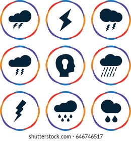 Storm icons set. set of 9 storm filled icons such as thunder, flash, rain, thunderstorm