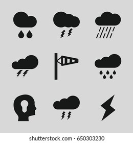Storm icons set. set of 9 storm filled icons such as thunder, wind cone, rain, thunderstorm, flash