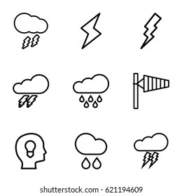 Storm icons set. set of 9 storm outline icons such as thunder, wind cone, flash, rain, thunderstorm