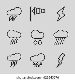 Storm icons set. set of 9 storm outline icons such as thunder, wind cone, flash, rain