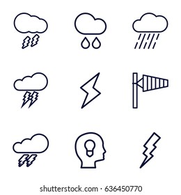 Storm icons set. set of 9 storm outline icons such as thunder, wind cone, flash, rain, thunderstorm