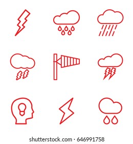 Storm icons set. set of 9 storm outline icons such as wind cone, flash, rain, thunderstorm
