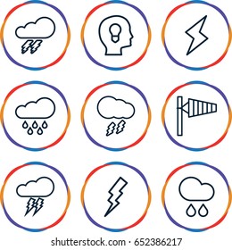 Storm icons set. set of 9 storm outline icons such as thunder, wind cone, flash, rain, thunderstorm