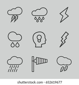Storm icons set. set of 9 storm outline icons such as wind cone, flash, rain, thunderstorm