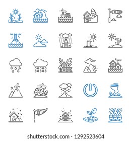 storm icons set. Collection of storm with drought, snowing, wind sign, tornado, power, hurricane, eruption, flood, avalanche, rain, raining. Editable and scalable storm icons.