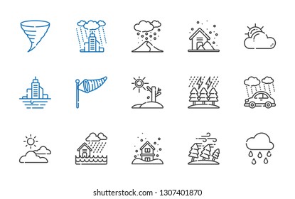 storm icons set. Collection of storm with raining, hurricane, snowing, flood, cloudy, rain, drought, wind sign, tornado. Editable and scalable storm icons.