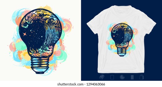 Storm in a light bulb. Print for t-shirts and another, trendy apparel design. Symbol of sea adventures 