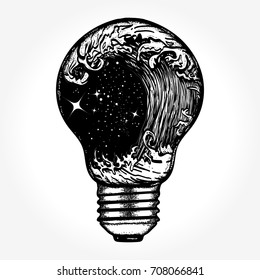 Storm in a light bulb tattoo. Great outdoors. Tsunami waves. Symbol of adventures boho style 