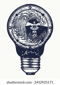 Storm in a light bulb tattoo. Magic symbol of imagination, meditation, sea adventure. Extreme sport. Great outdoors. Lighthouse and tsunami waves. T-shirt design art concept