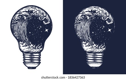 Storm in a light bulb tattoo. Symbol of sea adventure. Great outdoors. Tsunami waves t-shirt design. Black and white vector graphics 