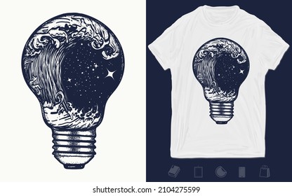 Storm in a light bulb tattoo. Symbol of sea adventure. Great outdoors. Tsunami waves t-shirt design. Vector graphics template. Hand drawn illustration