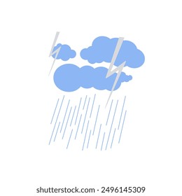 Storm, lightning, rain and clouds cute hand drawn doodle minimalist vector illustration, simple symbol to describe weather, environment, climate cartoon object, weather forecast image