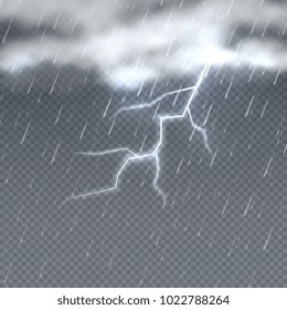 Storm and lightning with rain and clouds in sky isolated. Climate vector background. Storm weather rain and lightning illustration