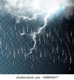 Storm And Lightning With Rain And White Cloud Isolated On Transparent Background. Vector