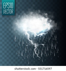 Storm and Lightning with rain and white cloud isolated on transparent background. Vector