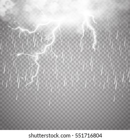 Storm and Lightning with rain and white cloud isolated on transparent background. Vector