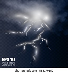 Storm and Lightning with rain and white cloud isolated on transparent background. Vector
