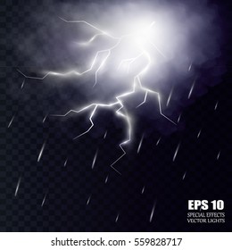 Storm and Lightning with rain and white cloud isolated on transparent background. Vector