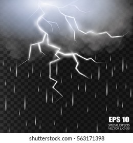 Storm and Lightning with rain and white cloud isolated on transparent background. Vector